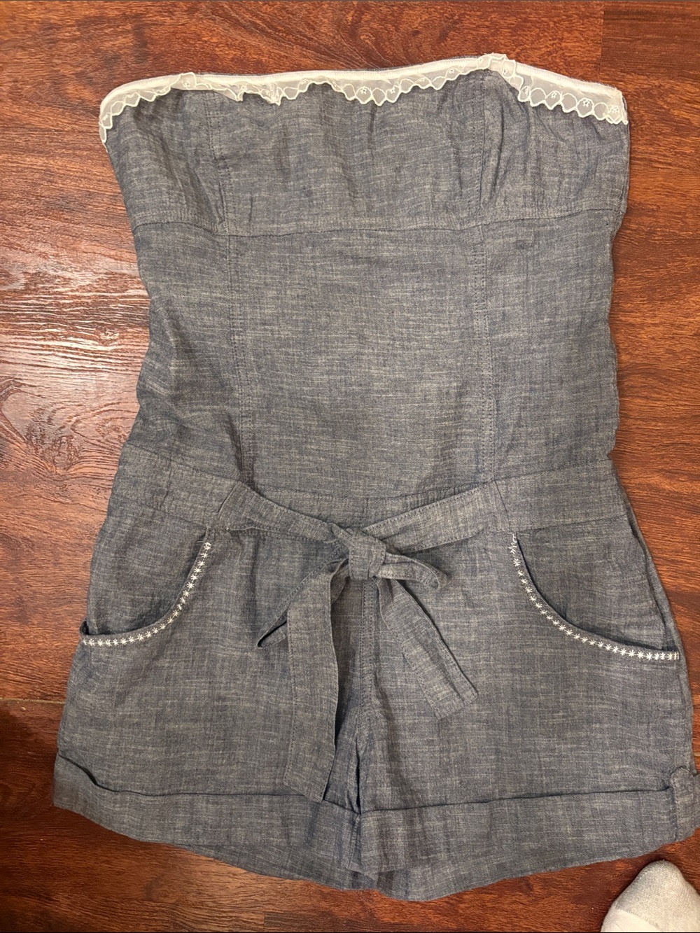 Strapless Chambray Tie-Waist Shorts/romper - Gray